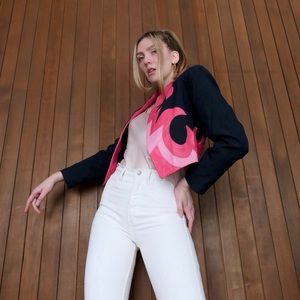 Vintage Pink Leather and Navy Wool Bolero